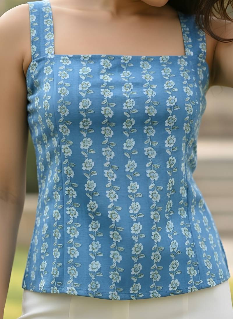 Blue cotton printed top for women