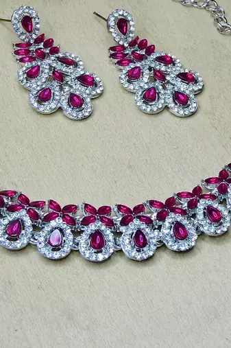 Pink color rhodium plating festive wear designer necklace set