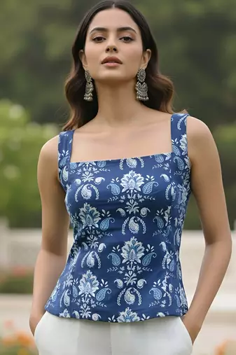 Blue cotton printed top for women