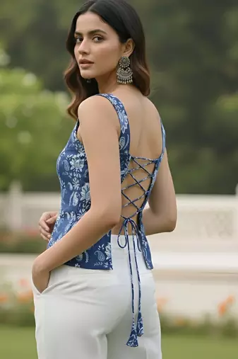 Blue cotton printed top for women