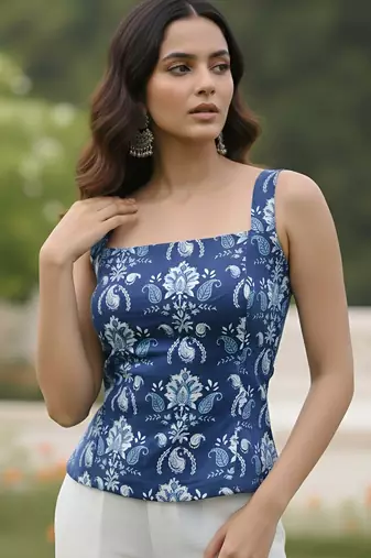 Blue cotton printed top for women