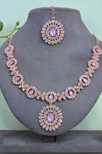 Pink color rhodium plating festive wear designer necklace set