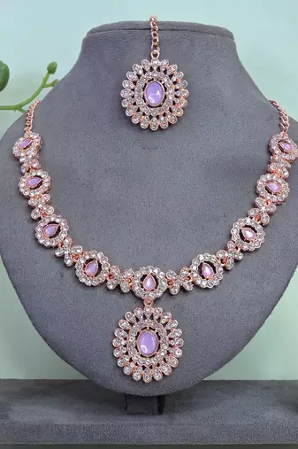 Pink color rhodium plating festive wear designer necklace set