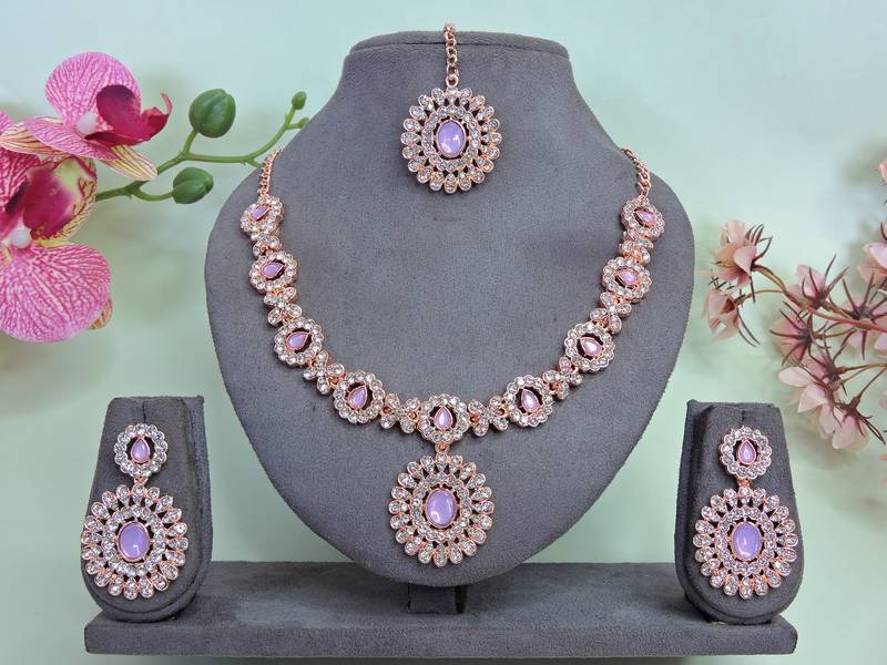 Pink color rhodium plating festive wear designer necklace set