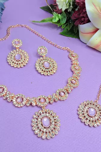 Pink color rhodium plating festive wear designer necklace set
