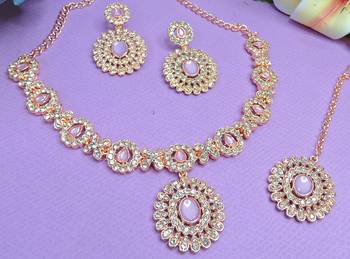 Pink color rhodium plating festive wear designer necklace set 3