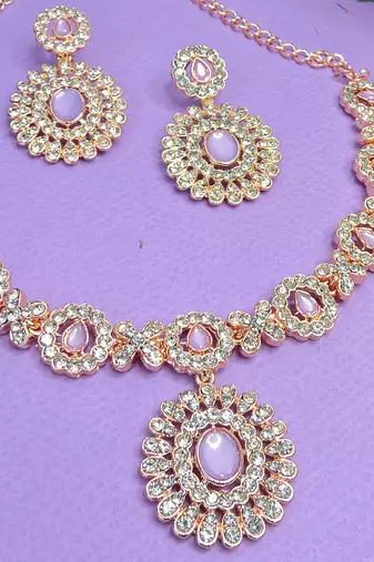 Pink color rhodium plating festive wear designer necklace set
