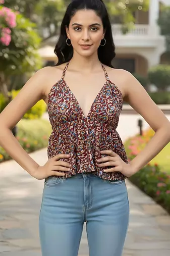 Maroon cotton printed top for women