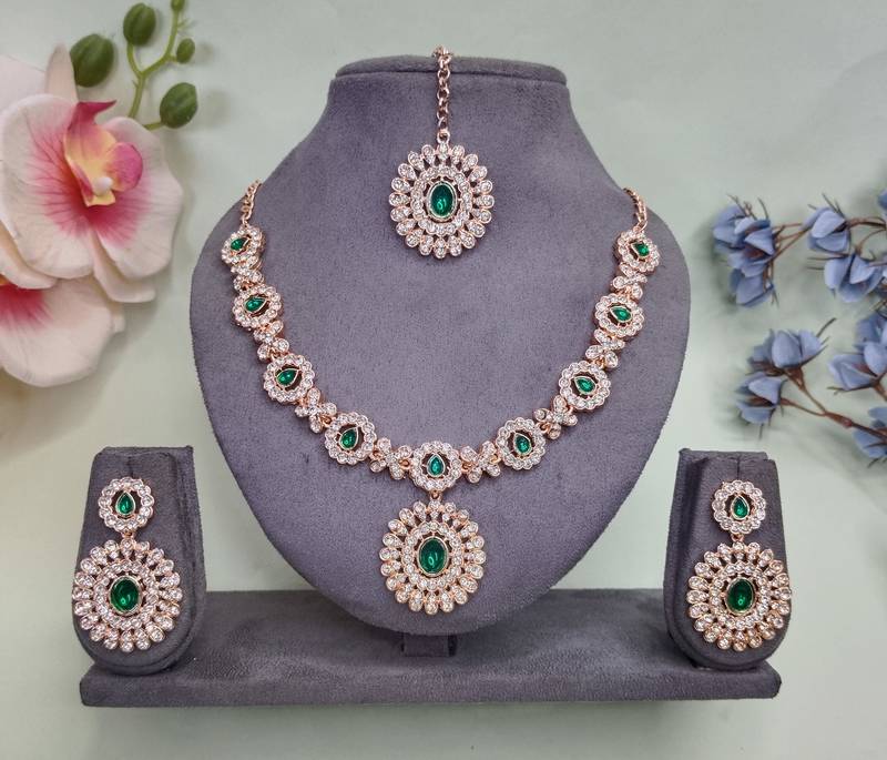 Green color rhodium plating festive wear designer necklace set