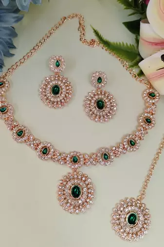 Green color rhodium plating festive wear designer necklace set