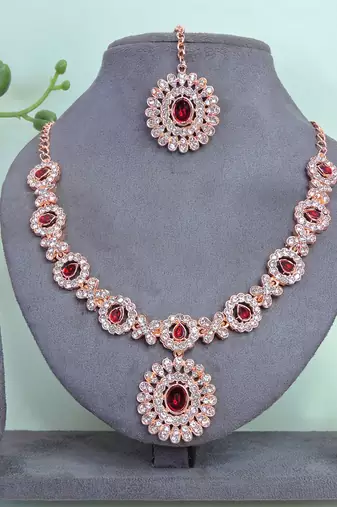 Maroon color rhodium plating festive wear designer necklace set