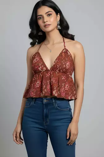Orange cotton printed top for women
