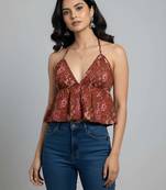 Orange cotton printed top for women