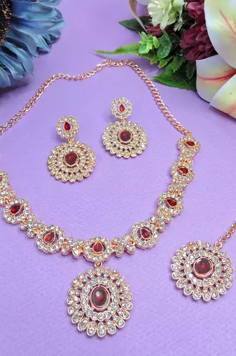 Maroon color rhodium plating festive wear designer necklace set