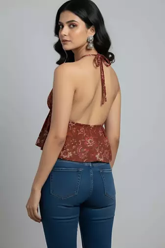 Orange cotton printed top for women