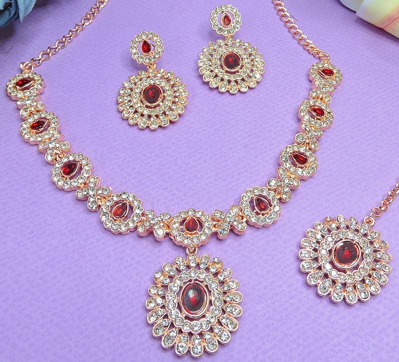 Maroon color rhodium plating festive wear designer necklace set
