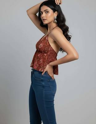 Orange cotton printed top for women 4