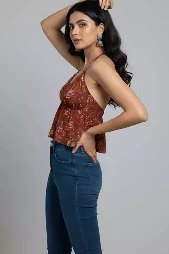 Orange cotton printed top for women