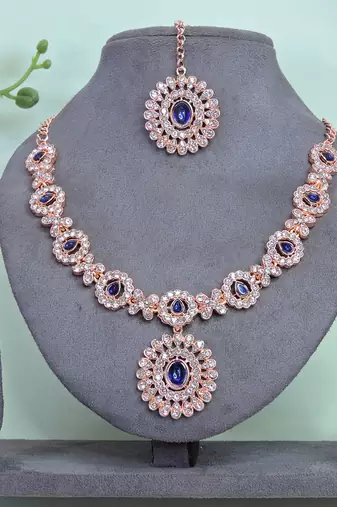 Blue color rhodium plating festive wear designer necklace set