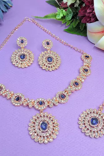 Blue color rhodium plating festive wear designer necklace set