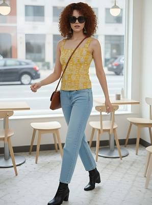 Yellow cotton printed top for women 1
