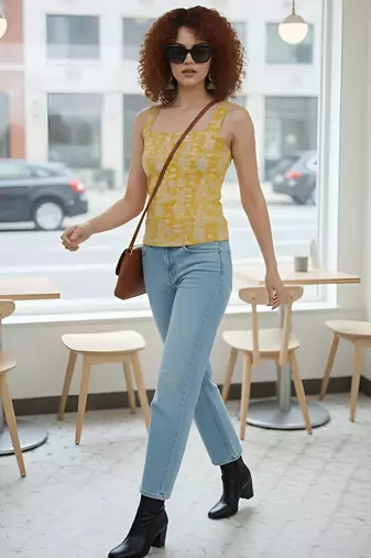 Yellow cotton printed top for women