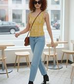 Yellow cotton printed top for women