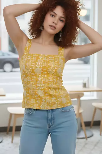 Yellow cotton printed top for women