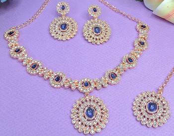 Blue color rhodium plating festive wear designer necklace set 3