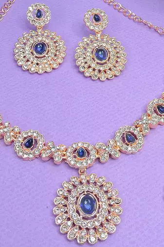 Blue color rhodium plating festive wear designer necklace set