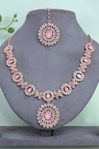 Pink color rhodium plating festive wear designer necklace set