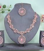 Pink color rhodium plating festive wear designer necklace set