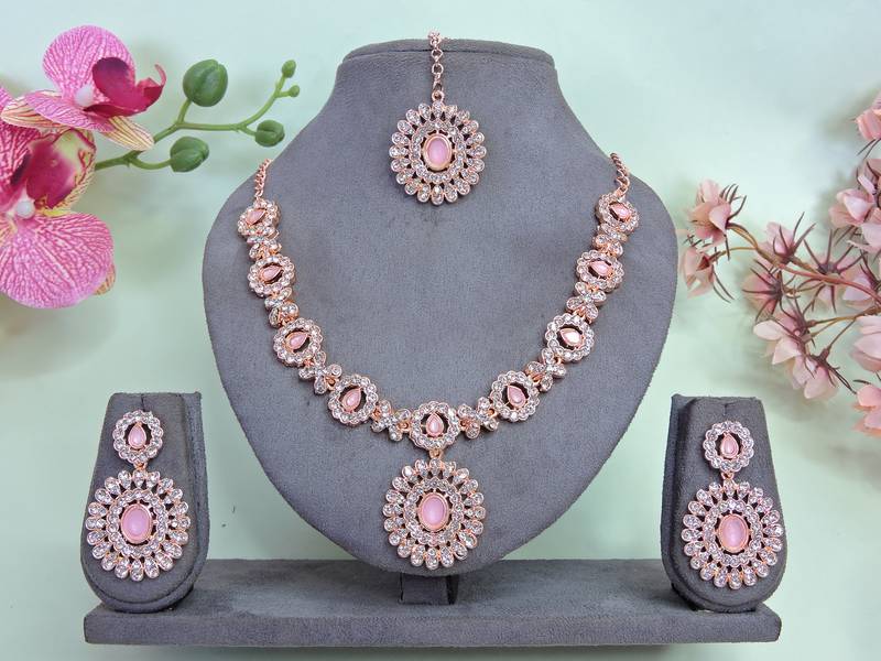 Pink color rhodium plating festive wear designer necklace set