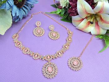 Pink color rhodium plating festive wear designer necklace set 2
