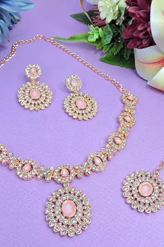 Pink color rhodium plating festive wear designer necklace set