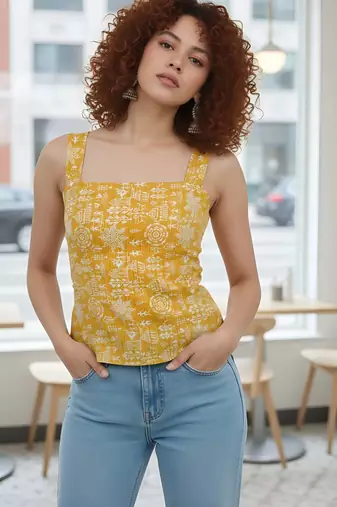 Yellow cotton printed top for women