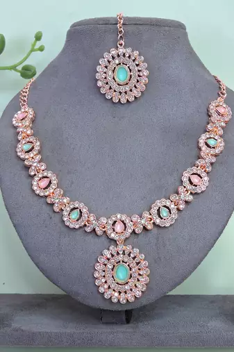 Green color rhodium plating festive wear designer necklace set