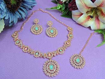 Green color rhodium plating festive wear designer necklace set 2