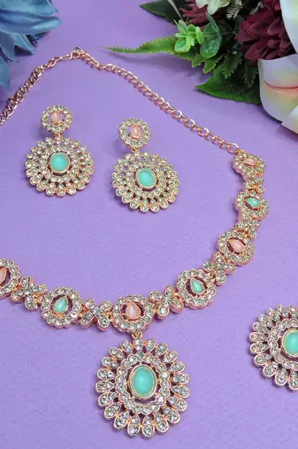 Green color rhodium plating festive wear designer necklace set