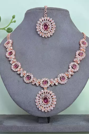 Pink color rhodium plating festive wear designer necklace set