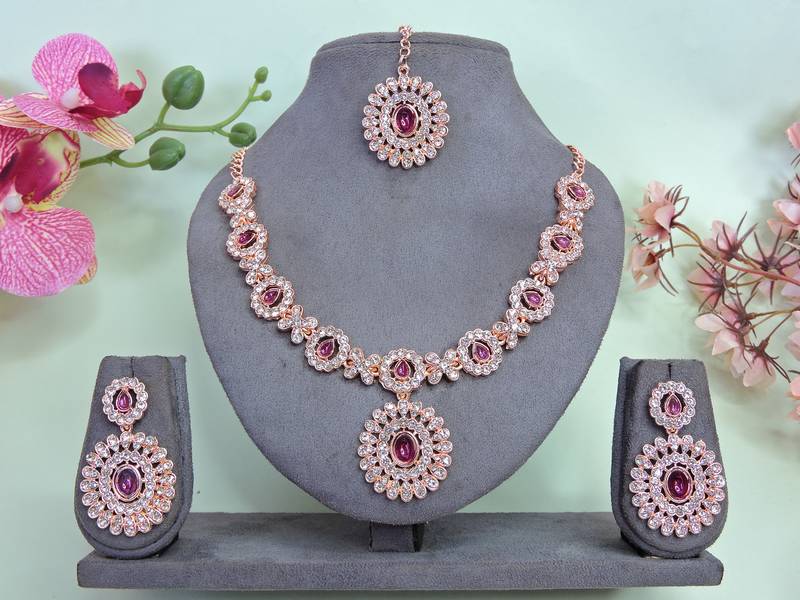 Pink color rhodium plating festive wear designer necklace set