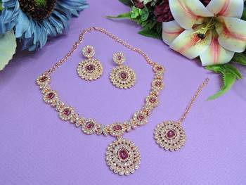 Pink color rhodium plating festive wear designer necklace set 2