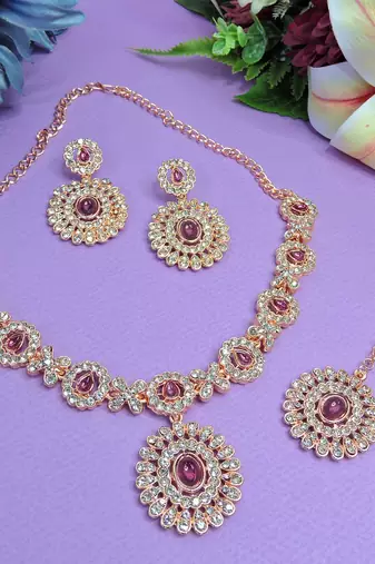 Pink color rhodium plating festive wear designer necklace set