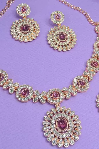 Pink color rhodium plating festive wear designer necklace set