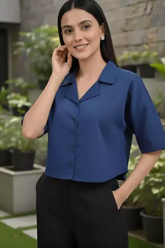 Blue cotton printed top for women