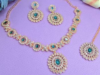 Green color rhodium plating festive wear designer necklace set 3