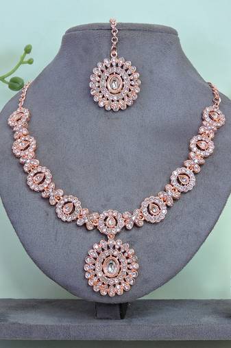 Pink color rhodium plating festive wear designer necklace set