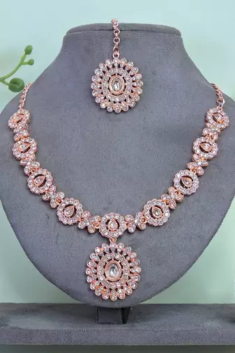 Pink color rhodium plating festive wear designer necklace set