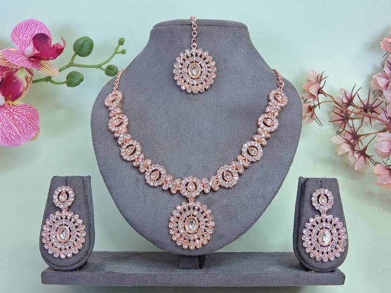 Pink color rhodium plating festive wear designer necklace set