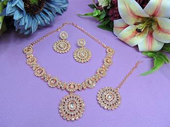 Pink color rhodium plating festive wear designer necklace set 2